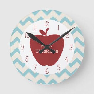 Red Apple Aqua Chevron Teacher Clock Ronde Klok