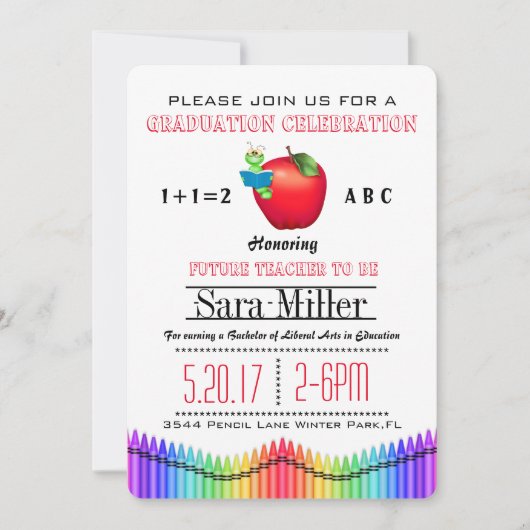 Red Apple/Crayon Teacher Afstuderen Invitation Kaart (Voorkant)