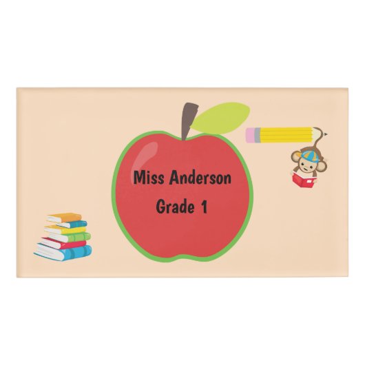 Red Apple Custom Teacher Name Grade Monkey Naambadge (Voorkant)