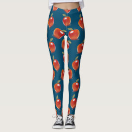 Red Apple Pattern op Denim Blue Leggings