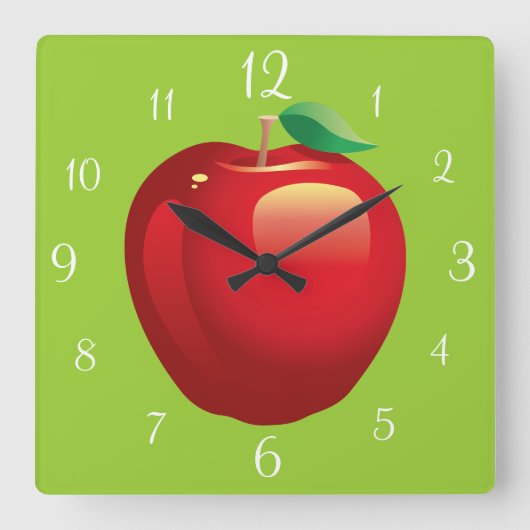Red Apple Square Wall Clock Vierkante Klok (Voorkant)