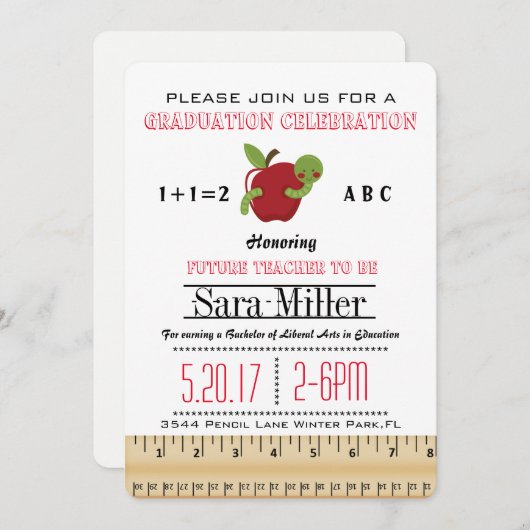 Red Apple Teacher Afstuderen Invitation Kaart (Voorkant / Achterkant)