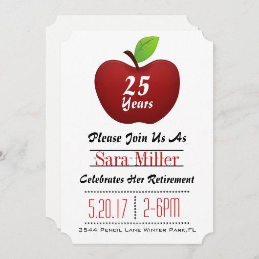 Red Apple Teacher Retirement Invitation Kaart (Voorkant / Achterkant)