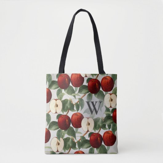 Red Apples Botanische Grijze Waterverf Monogrammed Tote Bag (Voorkant)