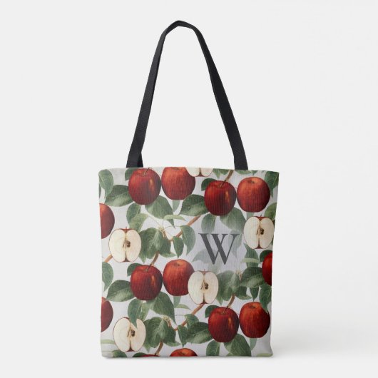Red Apples Botanische Grijze Waterverf Monogrammed Tote Bag (Achterkant)