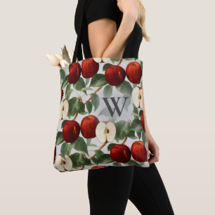 Red Apples Botanische Grijze Waterverf Monogrammed Tote Bag