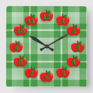 Red Apples Green Checkered Play Gingham Vierkante Klok