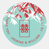 Red & Aqua Bamboo Leaves Shuang Xi Chinese bruilof Ronde Sticker (Voorkant)