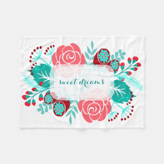 Red Aqua Blauwgroen Floral Pattern Fleece Deken (Voorkant (Horizontaal))