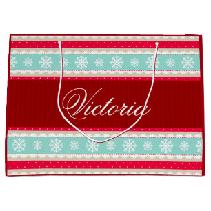 Red Aqua Blue Kerstmis Pattern Persoonlijke naam Large Cadeautasje
