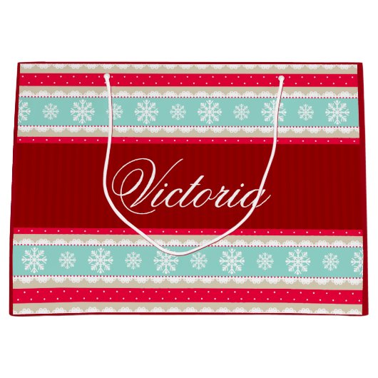 Red Aqua Blue Kerstmis Pattern Persoonlijke naam Large Cadeautasje (Voorkant)