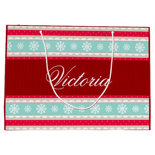 Red Aqua Blue Kerstmis Pattern Persoonlijke naam Large Cadeautasje (Achterkant)