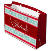 Red Aqua Blue Kerstmis Pattern Persoonlijke naam Large Cadeautasje (Achterkant Gekanteld)