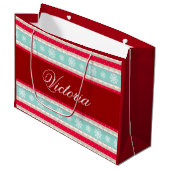 Red Aqua Blue Kerstmis Pattern Persoonlijke naam Large Cadeautasje (Voorkant Gekanteld)