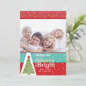Red Aqua Pine Tree Merry Bright Family-fotokaart Feestdagenkaart (Staand voorkant)