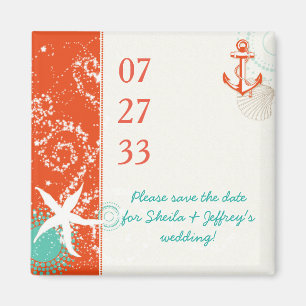 Red Aqua White Nautical Wedding Save the Date Magneet