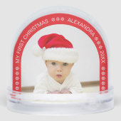 Red Arch Baby Photo My First Christmas Snowflakes Sneeuwbol (Achterkant)