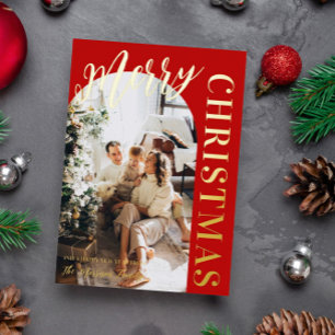Red Arch Shaped Photo Merry KerstGold Foil Folie Feestdagenkaart