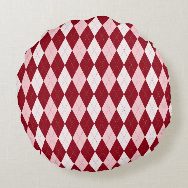 Red Argyle Crimson Roze Small Diamond Shape Rond Kussen (Achterkant)