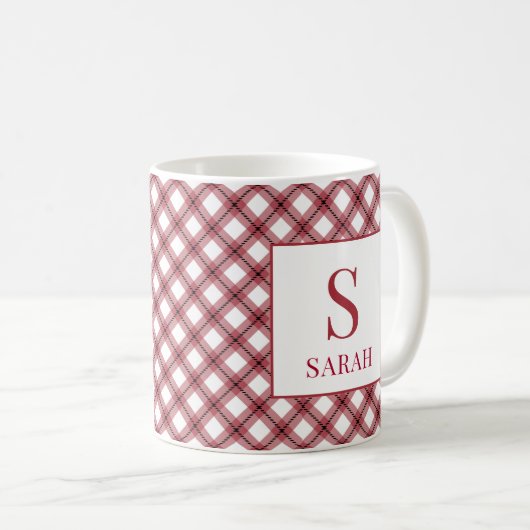 Red Argyle Plaid Monogram Name Koffiemok (Voorkant rechts)