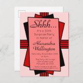 Red Art Deco 30th Surprise Party Birthday Uitnodiging Briefkaart (Voorkant / Achterkant)