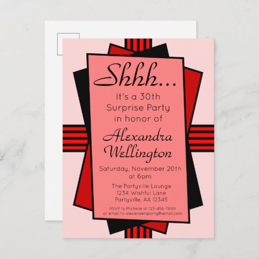 Red Art Deco 30th Surprise Party Birthday Uitnodiging Briefkaart (Voorkant / Achterkant)