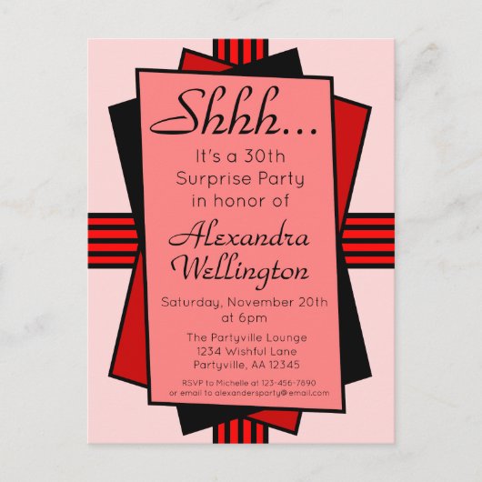 Red Art Deco 30th Surprise Party Birthday Uitnodiging Briefkaart (Voorkant)