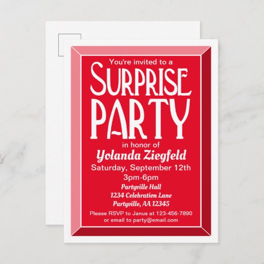 Red Art Deco Beveled Birthday Surprise Party Uitnodiging Briefkaart (Voorkant / Achterkant)