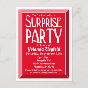 Red Art Deco Beveled Birthday Surprise Party Uitnodiging Briefkaart