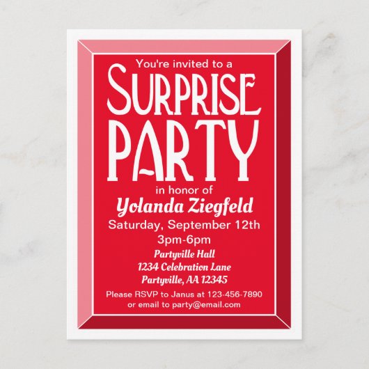 Red Art Deco Beveled Birthday Surprise Party Uitnodiging Briefkaart (Voorkant)