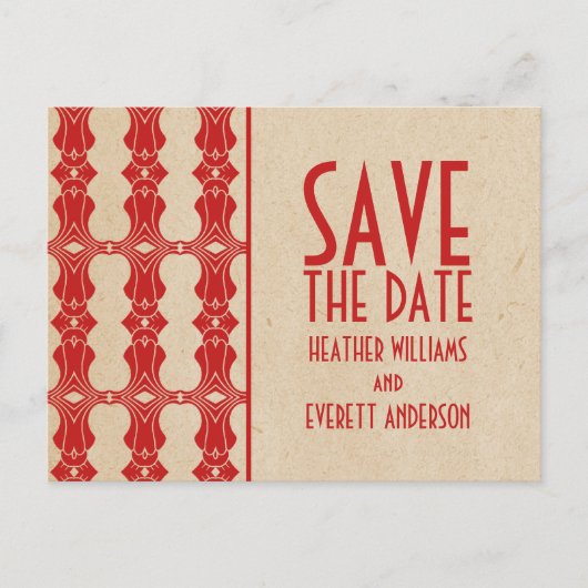 Red Art Deco Border Save the Date Briefkaart (Voorkant)