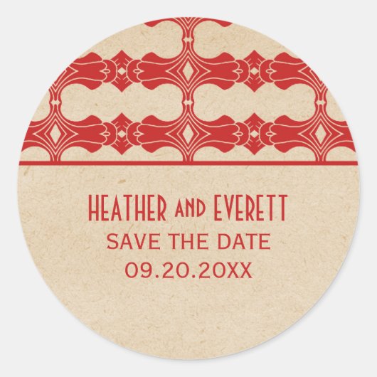 Red Art Deco Border Save the Date Stickers (Voorkant)