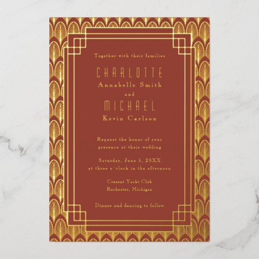 Red Art Deco goudFolie Uitnodiging (Voorkant)