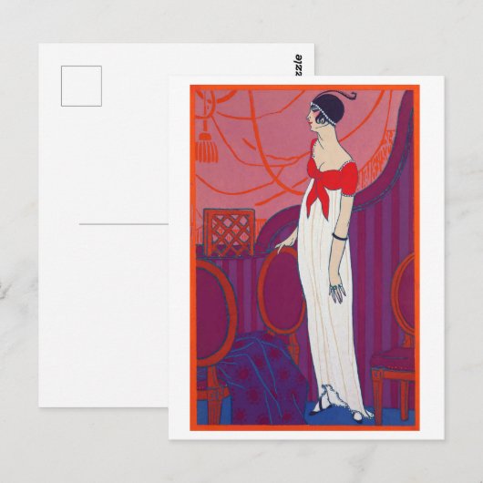 Red Art Deco Mode Tekening door George Barbier Briefkaart (Voorkant / Achterkant)