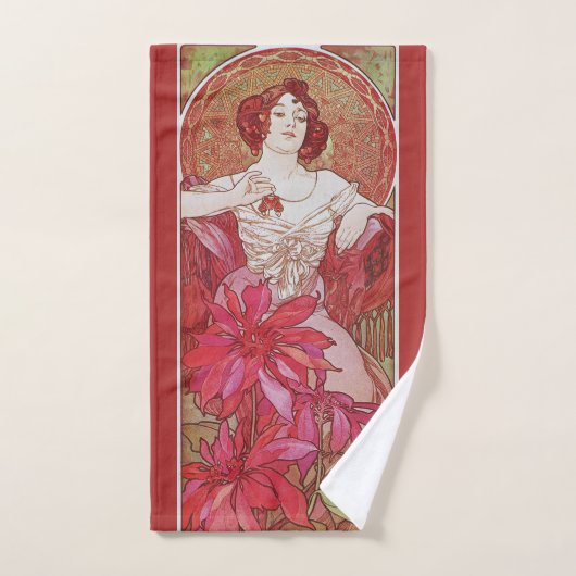  Red Art Nouveau Alphonse Mucha Ruby Lady Handdoek (Handdoek)