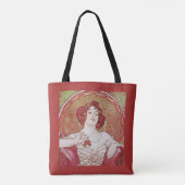  Red Art Nouveau Alphonse Mucha Ruby Lady Tote Bag (Achterkant)