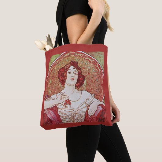 Red Art Nouveau Alphonse Mucha Ruby Lady Tote Bag (Dichtbij)