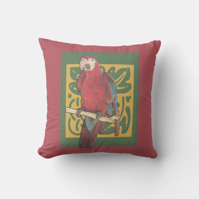 Red Art Nouveau Parrot Buitenkussen (Voorkant)