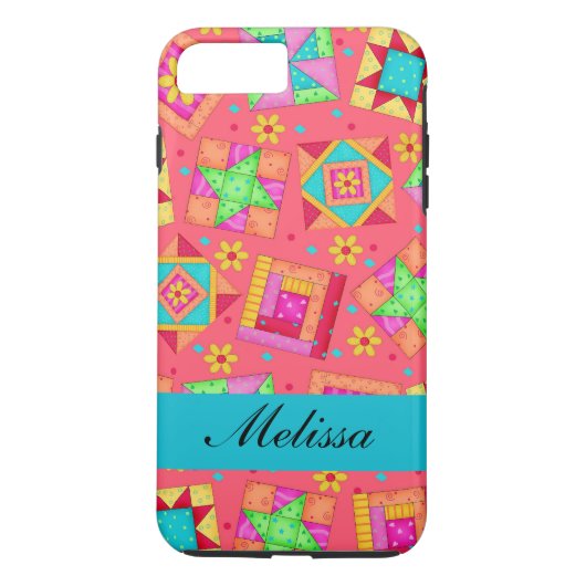 Red Art Patchwork Quilt Blocks Name Persoonlijk Case-Mate iPhone Case (Achterkant)