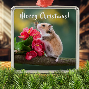Red Arthurium met Hamster Vrolijk Kerstfeest Metalen Ornament