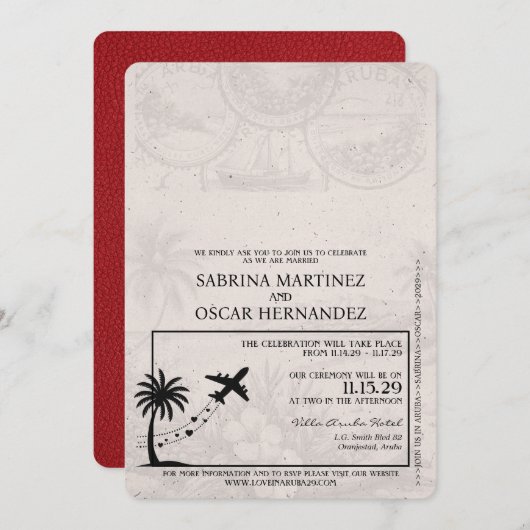 Red Aruba Passport Wedding Invitation Kaart (Voorkant / Achterkant)