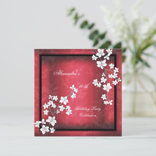 Red Asian Black Blossom White Birthday Party Kaart (Staand voorkant)