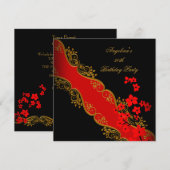 Red Asian Black Floral Gold Birthday Party Kaart (Voorkant / Achterkant)