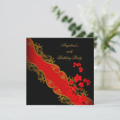 Red Asian Black Floral Gold Birthday Party Kaart (Staand voorkant)