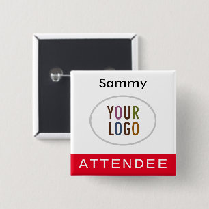Red Attendee Name Badge met Logo Pinback Square Vierkante Button 5,1 Cm