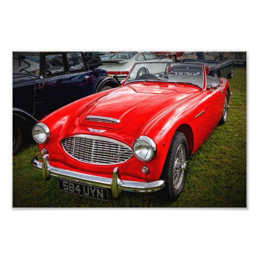 Red Austin Healey 3000 klassieke sportwagen Foto Afdruk (Voorkant)