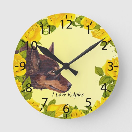 Red Australian Kelpie op gele rozen Ronde Klok (Voorkant)