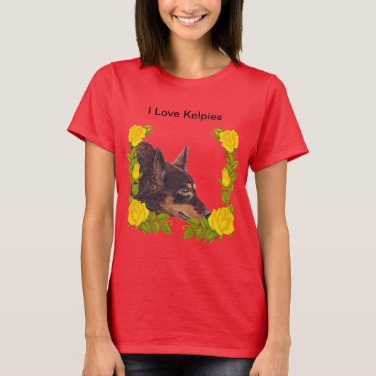 Red Australian Kelpie op gele rozen T-shirt (Voorkant)