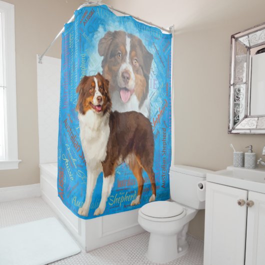 Red Australian Shepherd dogs - Aussie Douchegordijn (In situ)