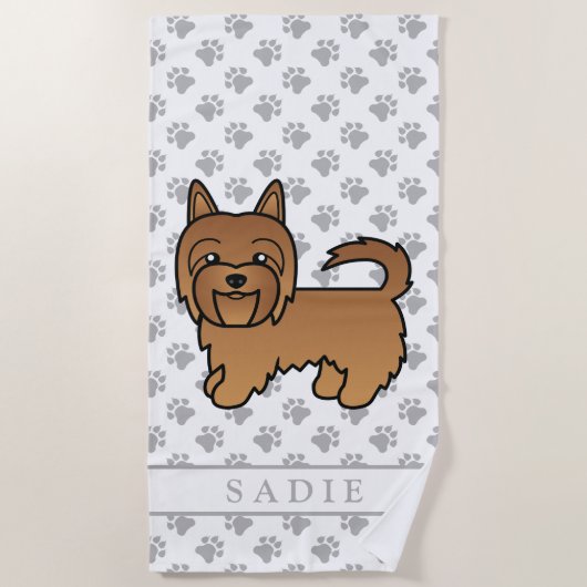Red Australian Terrier Cartoon Dog & Naam Strandlaken (Voorkant)